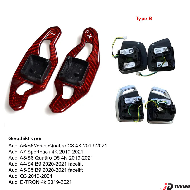 JDtuning® Premium Carbon Flippers | Audi Automaat | A3/S3/RS3 | A4/S4/RS4 | A5/S5/RS5 | A6/S6/RS6 | A7/S7/RS7 | A8/S8 | Q2/Q3/Q5/SQ5/Q7/SQ7 | Tt/Ttrs | R8 | E-TRON | Carbon Hoogglans – Zwart/Rood