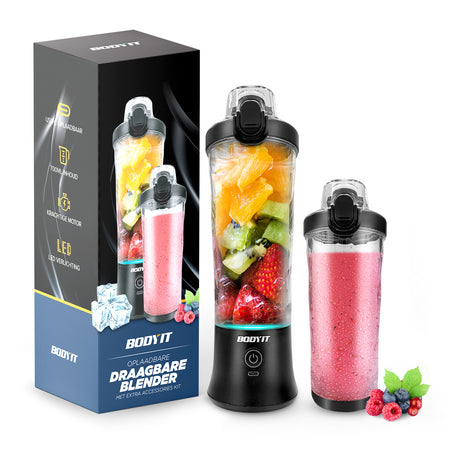 BODYIT® - Blender portable avec accessoires supplémentaires - 700 ml - 6 lames - Blender portable To Go - USB-C - Blenders rechargeables avec batterie - Machine à smoothies et shakes sans fil - Noir