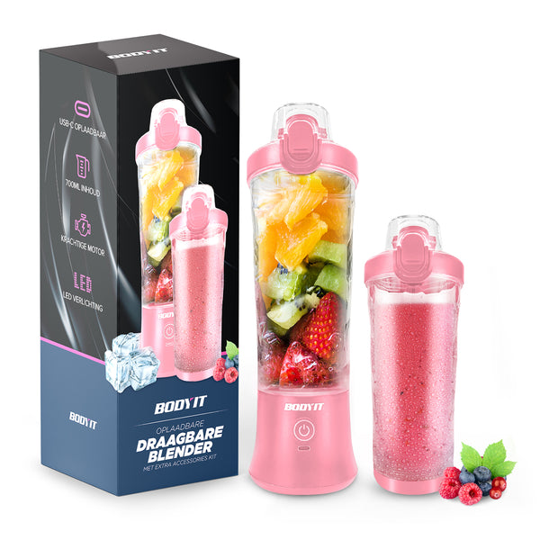 BODYIT® – Tragbarer Mixer mit zusätzlichem Zubehör – 700 ml – 6 Klingen – tragbarer Mixer für unterwegs – USB-C – wiederaufladbare Mixer mit Akku – kabelloser Smoothie- und Shake-Maker – Pink