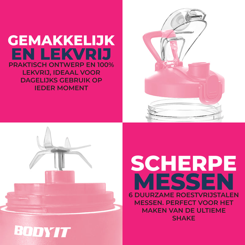 BODYIT® - Mixeur portable avec accessoires supplémentaires - 700 ml - 6 lames - Mixeur portable To Go - USB-C - Mixeurs rechargeables avec batterie - Machine à smoothies et shakes sans fil - Rose