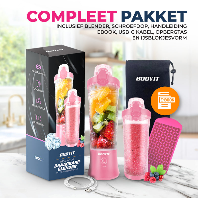 BODYIT® - Mixeur portable avec accessoires supplémentaires - 700 ml - 6 lames - Mixeur portable To Go - USB-C - Mixeurs rechargeables avec batterie - Machine à smoothies et shakes sans fil - Rose