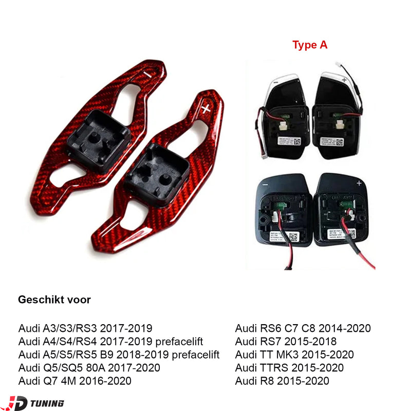 JDtuning Premium Carbon Flippers | Audi Automaat | A3/S3/RS3 | A4/S4/RS4 | A5/S5/RS5 | A6/S6/RS6 | A7/S7/RS7 | A8/S8 | Q2/Q3/Q5/SQ5/Q7/SQ7 | Tt/Ttrs | R8 | E-TRON | Carbon Hoogglans – Zwart/Rood