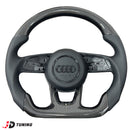 JDtuning® | Hochwertiges individuelles Carbon-Lenkrad | Perforiertes Leder | Schwarze Nähte | Airbagabdeckung Leder | Audi Schriftzug schwarz | Passend für Audi A3/S3/RS3/A4/S4/RS4/A5/S5/RS5 | 2016 – 2024