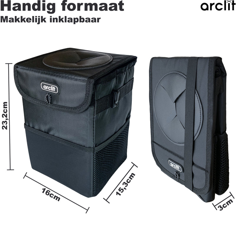Arclit® auto prullenbak - 6 Liter - Draagbare voertuig vuilnisbak - Anti-lek en Opvouwbaar Afvalbakje - Extra Opbergzakken - Zwart