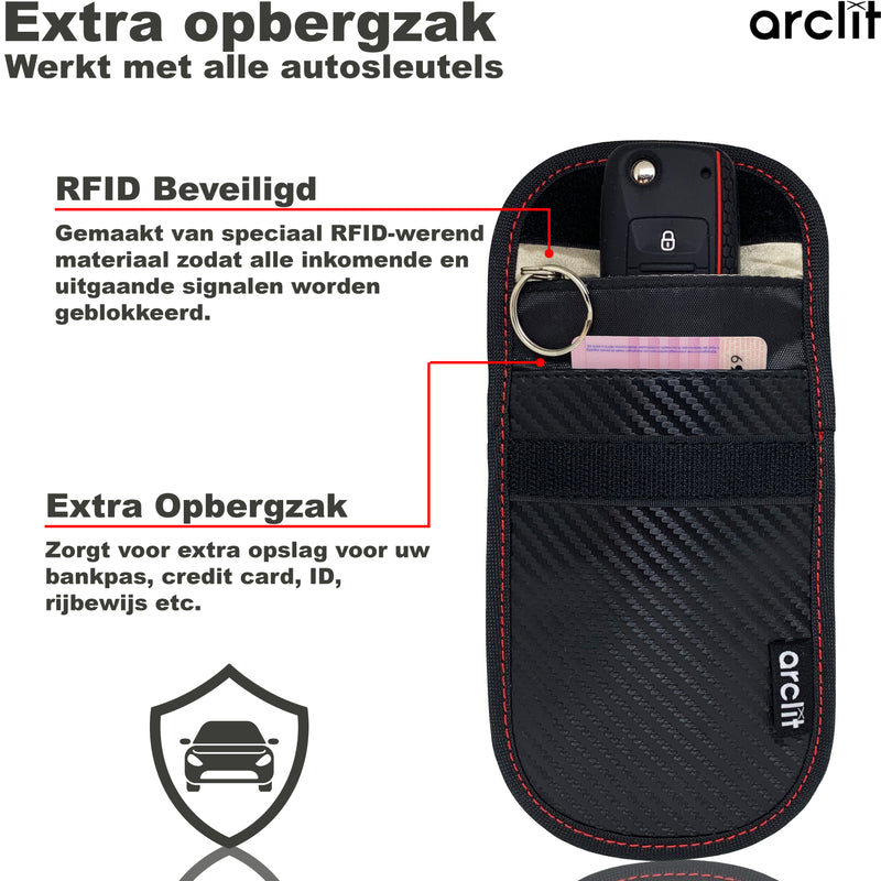 Arclit RFID-beschermhoes Set – 2 Stuks Carbon Voor Autosleutels + 2 Kaarthouders, Signaalblokkerend